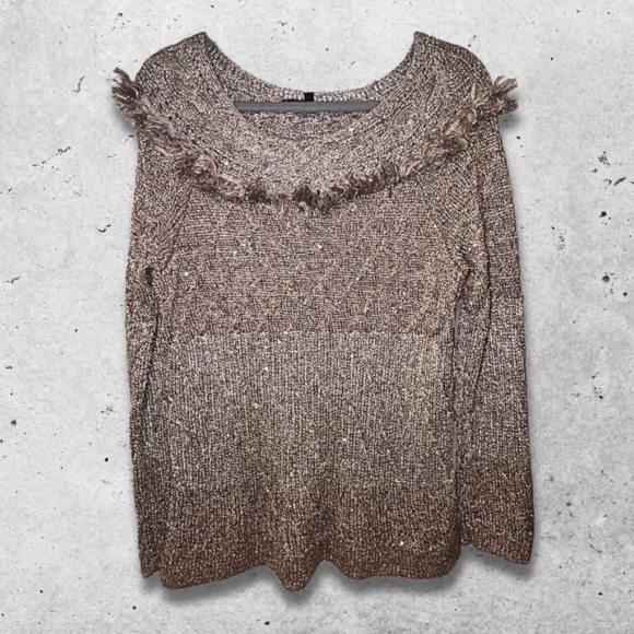 White House Black Market Sequin Sweater Boat-Neck Fringe Mink/Metallic Taupe W L - Picture 3 of 14